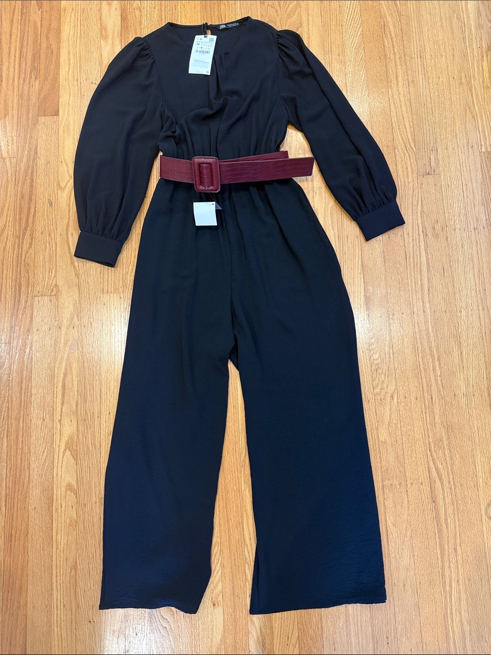 Zara Black Long Sleeve Jumpsuit with Burgundy Belt